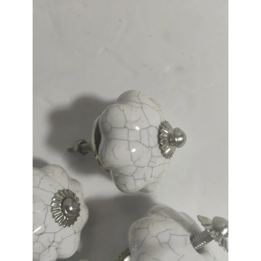 Lot of 4 Vintage Style White Crackle Glaze Ceramic Melon Cabinet Knobs Pulls